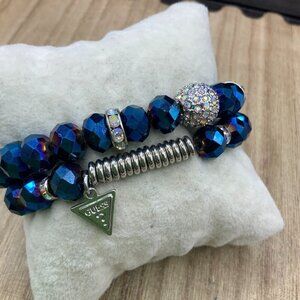 Guess Cobalt Blue Rhinestone Silver Tone Stretchy Double Bracelet